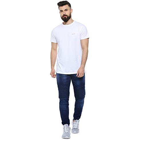 Image of CAHOOT Men' Denim Jeans for Regular Wear Blue Dark Wash Self Patterned Slim Fit Jeans Crafted with Comfort Fit and High Performance for Everyday Casual Wear