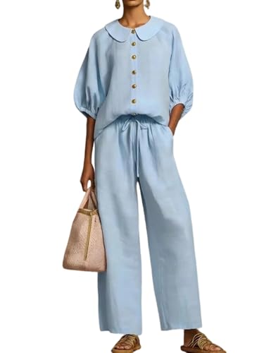 Image of Linen Co Ord Sets for Women Peter Pan Collar Puff Sleeve Two Piece Outfit with Drawstring Wide Leg Pants Casual Summer Loungewear Co Ord Sets Ladies Co Ord Outfits Sky Blue L