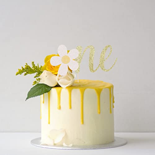 Yesswl One Cake Topper For 1St Birthday - Flower Gold Glitter One Sign First Birthday Decoration For Baby 1St Birthday Party, Baby Shower, Baby Gender Show Or Baby Photo Booth Props #TOP1