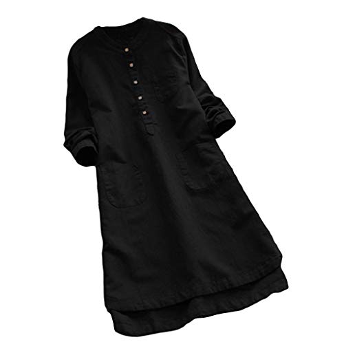 WEISHAZI - Vestido de manga larga para mujer, estilo retro, de lino y algodón, estilo casual, holgado, liso, tallas S-5XL
