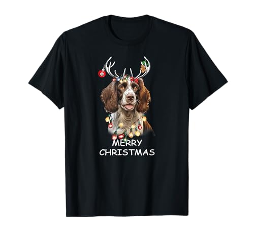 Renna inglese Springer Spaniel Dog Christmas Lights Christmas Maglietta
