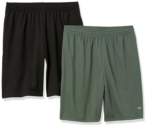 Amazon Essentials Pantalones Cortos de Entrenamiento de Corte Suelto de Alto Rendimiento para Gimnasio y Baloncesto Hombre, Pack de 2, Negro/Verde Oliva, XL