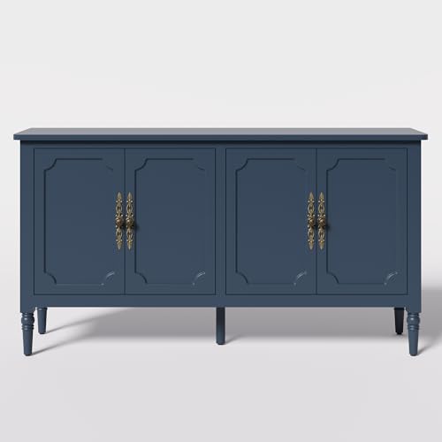 FansaFurn Console Cabinet, 58" Mid Century Modern Pantry Cabinet, Wood Buffet Cabinet, Media Cabinet with 4 Doors, Accent Sideboard for Entryway, Living Room, Dining Room (Blue)