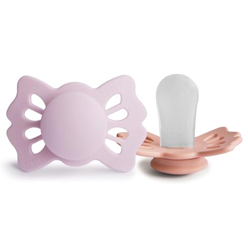 Image of FRIGG Lucky Symmetrical SilkySoft Silicone Baby Pacifier | Made in Denmark | BPA-Free (Soft Lilac/Pretty in Peach, 0-6 Months)
