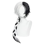 SL Anime Cosplay Black and White Wig with Braids Unisex Half and Half Two Tone Hair Wig for Halloween Party + Cap