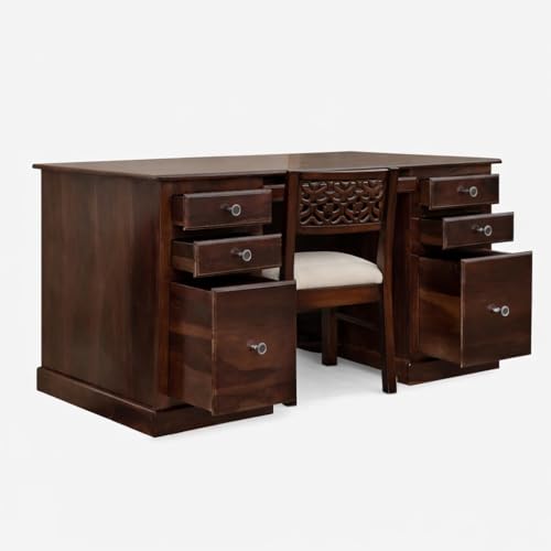 Image of Sheesham Wood Study Table for Bedroom 6 Drawer with Keyboard Tray with Floral Chair Dark Walnut Color with Matte Finished