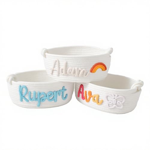 Cesta personalizada con nombre para bebé, organizador de cuerda de algodón bordado, organizador de pañales y almacenamiento de guardería para recién nacidos, regalo de cumpleaños de Pascua (crema, S)