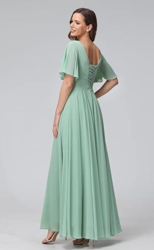 Scoop Flutter Sleeve Bridesmaid Dresses with Pockets A-Line Long Chiffon Formal Party Dress RO1583