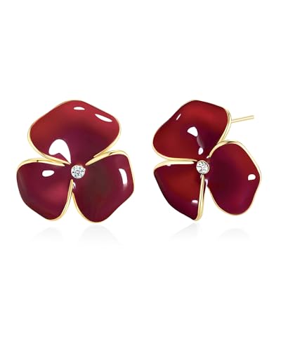 Gold Dainty Chunky Maroon Enamel CZ Floral Statement Earrings for Women by SNGIA, Modern Summer Beach Floral Handmade Drop Jewelry, Cherry Maximalist Wedding Date Birthday Gift, Bold Exaggerated Wine Stud Trendy Jewelry, Golden Colorful Fashion Accessories, Vintage Hammered Thick Nickle Free Gifts.