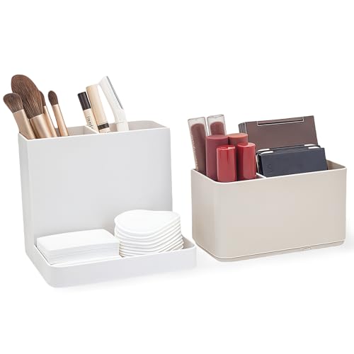 SLHEQING Make Up Organizer, Kosmetik Organizer mit Pinselhalter Abnehmbaren, Schminktisch Organizer mit 2 herausnehmbaren Trennwänden für Skincare, Pinsel, Lippenstifte