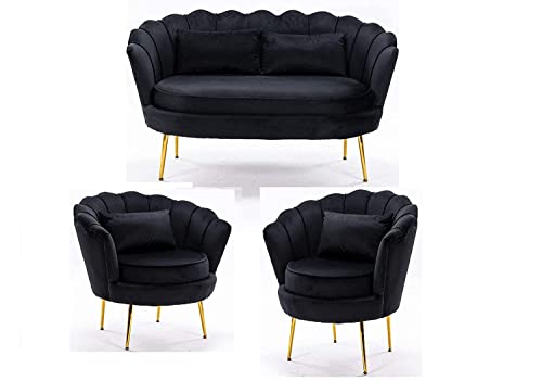 Image of Living Room Vintage Velvet Fabric Tub Armchairs with Metal Leg Armrests Lounge Comfortable Royal & Luxury (Black, 2+1+1)