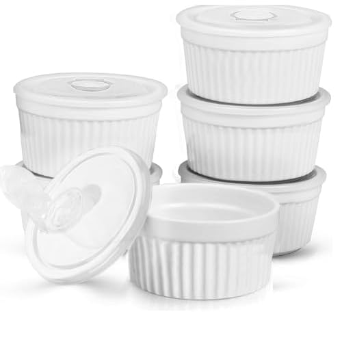 Ramekins with Lids 8 oz, Set of 6 Creme Brulee Ramekins with Covers, Stackable Ceramic Dishes Bowls for Baking, Pudding, Serving Dip, Ice Cream, Dishwasher and Oven Safe (White)