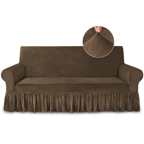 NICEEC Sofa Cover Super Soft 1-Piece Brown Sofa Slipcover for Sofas Stretch Universal Spandex Couch Covers for Living Room Easy Fit Washable Furniture Sofa Protector with Skirt