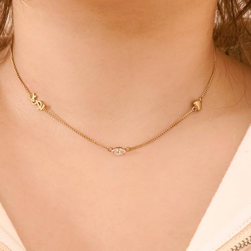 18K Gold Plated Necklace for Women Diamond Alphabet Heart Letter Exquisite Monogram Interwoven White Stone Personalized Initial Necklace, Luxury Fine Jewelry Gift3