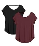icyzone Damen Rückenfrei Yoga T-Shirt Kurzarm Sport Freizeit Tops Lose V-Ausschnitt Shirt, 2er Pack (L, Schwarz/Weinrot)