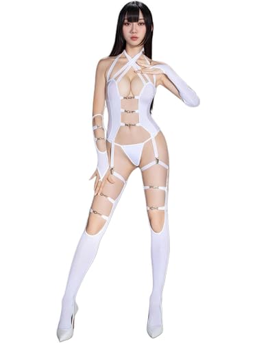 [SENMHS] セクシー ランジェリー セット エロ 過激 エッチ えろい コスプレ ボディコン レースクイーン レオタード ハイレグ 女王様 SM 透け 誘惑 あき穴 ガーター ビスチェ セット ストッキング 下着 ボンテージ 大人用 レディース 衣装 仮装 ハロウィン (ホワイト)のサムネイル