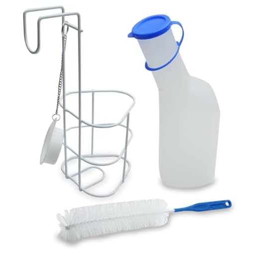 Set Urinflasche für Männer (1000 ml), Halterung, Bürste für Männer | 1 Liter | 3 Teile | PP- Urinflasche mit Deckel milchig, Reinigungsbürste, Betthalter/Urinflaschenhalter mit Deckel inkl. Kette