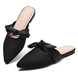 Tilocow Knit Mules for Woman Pointed Toe Flats Bow Mules Slip On Slides Flats Shoes Women Dressy Comfortable Black