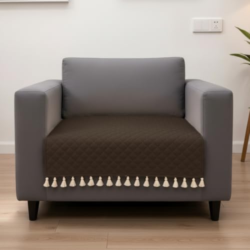 Image of HOMEMONDE 1 Seater Quilted Velvet Sofa Cover with Tassels |Soft, Durable & Premium Fabric with Tassels | Sofa Cover Mats for Living Room, Bedroom & Drawing Room (76 X 61 CM, Brown)