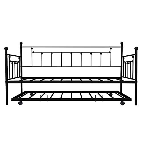 Twin Daybed With Trundle, Metal Daybed With Pullout Trundle Bed, Heavy Duty Steel Slat Support Twin Day Bed Sofa Bed Frame For Adults Kids Teens Bedroom, Guest Room, No Spring Box Needed #TOP5