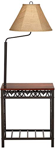 Regency Hill Travata Country Cottage Floor Lamp Standing With End Table 54" Tall Bronze Scrollwork Swing Arm Burlap Fabric Empire Shade For Living Room Reading Bedroom Office House Home #TOP4