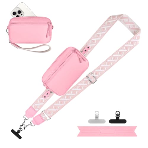 Image of YFWE Clip and Go Strap for Phone with Wallet Crossbody, Adjustable Phone Lanyard with Detachable RFID Wristlet Wallet, Pattern Strap - Pink(L)