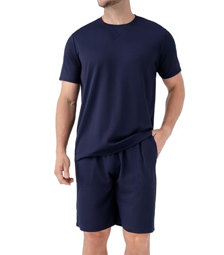 DAVID ARCHY Mens Pajamas Set Waffle Knit Short Sleeve Sleepwear Lightweight Summer Loungewear