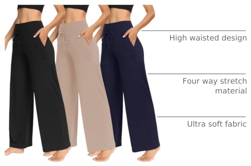 Image of TNNZEET 3 Pack Women's Wide Leg Pants with Pockets - Casual Loose Yoga Trouser Pants Sweatpants Palazzo Lounge Pajama Pants