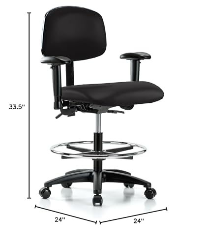 Image of Perch Multi-Task Office Chair with Adjustable Armrests and Foot Ring | Medium Bench Height 20-27 inch | Black Vinyl