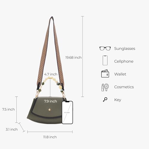 Army Green Canvas Crossbody Bag - Pearl & Jade Beaded Handles with Blue Orange Wave Strap, Women's Handbag Golden Rivets Vintage Trendy Shoulder Purse ﻿2