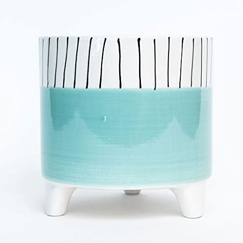212 Main AI-CE10-119 A Footed Aqua with Black & White Striped Rim Planter