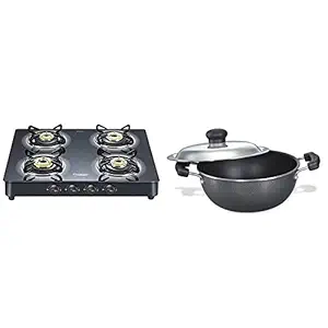 Prestige Royale Plus Schott Glass 4 Burner Gas Stove, Black & Omega Select Plus Non-Stick Flat Base Kadai with Lid, 20cm, 2.2 litres, Black Combo
