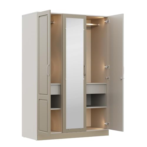 Image of Wakefit Wardrobe for Bedroom | 3 Yr Warranty | Cupboard for Bedroom, Almirah, Wooden Wardrobe, Comes with LED light, Storage Drawer, Mirror & Hanger, Density:680-750kg /m, Free Installation(Tyrian-CB)