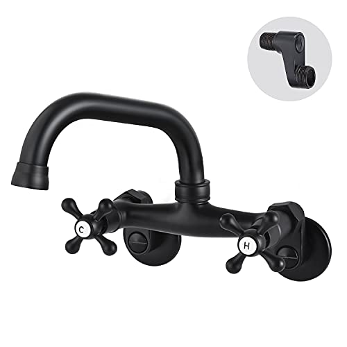 Airuida Matte Black Wall Mount Kitchen Faucet 6 Inch(15cm) Spout Reach Adjustable Center Double Cross Handles 3 Inch to 9 Inch Hot and Cold Water Mixer Tap 360 Rotatable Faucet