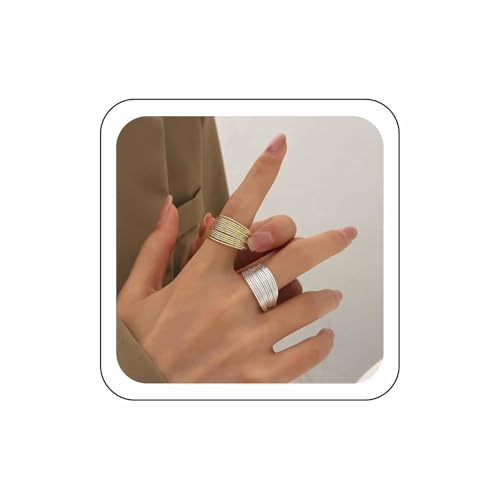 Wendalern Klobige Aussage Ringe Für Frauen - Gold Silber Zwei Ton Multi Linien Einstellbar Breite Zeigefinger Link Kette Offen Wickeln Set Coolen Schmuck