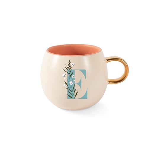 Taza de cerámica redonda floral 14 oz con asa dorada