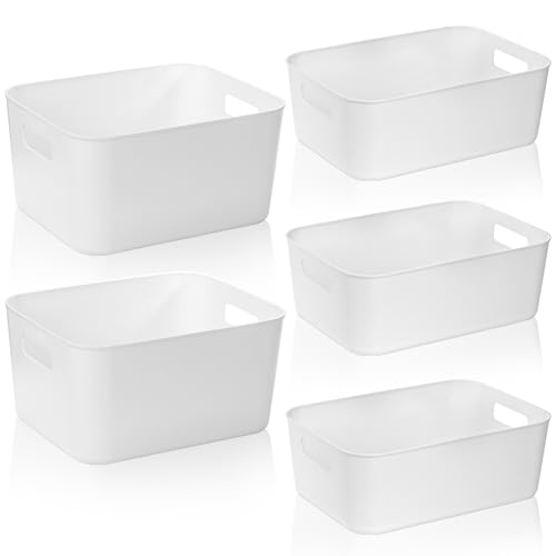Peohud 5 Pack White Plastic Storage Bins, Pantry Organization and Storage Baskets with Handles, Open Plastic Storage Container for Home, Kitchen, Office, Shelves, Cabinet, Under Sink Organizer