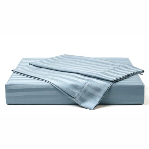 Image of LANE LINEN 100% Cotton Super King Bedsheet with 2 Pillow Cases | Damask Stripe 3pc Bedding Set- 2.74M x 2.74M | Breathable & Comfortable Fabric | Oeko-TEX Certified - French Blue