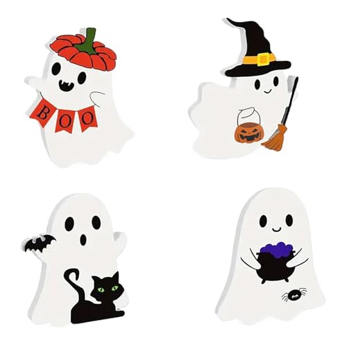 ゴーストフィギュリン - 4枚のハロウィン幽霊サイン 室内用センターピース,居間 寝室 キッチン オフィス用の棚 窓 ファイヤープレース マントル装飾