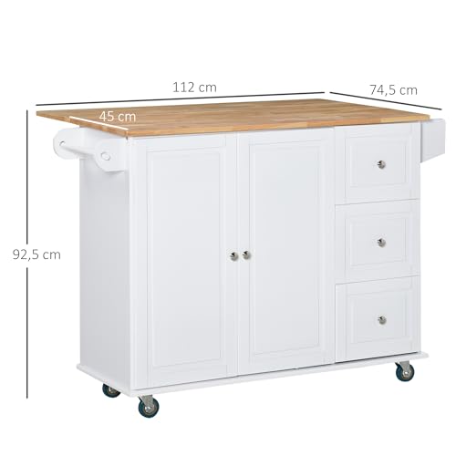 HOMCOM Carro de Cocina con Ruedas Isla de Cocina con 3 Cajones 2 Puertas Especiero Estante Ajustable y Barra de Colgar para Comedor 128,8x75,5x92,5 cm Blanco - imagen 7