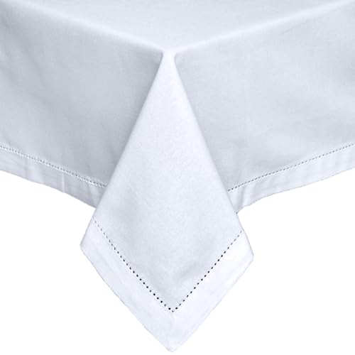 HOMESCAPES White Table Cloth, Plain Cotton Tablecloth, Extra Large Rectangular, Handcrafted & Durable Dining Table Cover with Hem Stitch, Hypoallergenic, Washable, 178 x 300cm