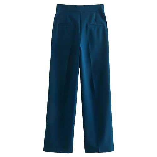 Conjunto feminino de duas peças para escritório com decote em V, manga comprida, blazer chique, calças de perna larga, roupas, Calça azul, M