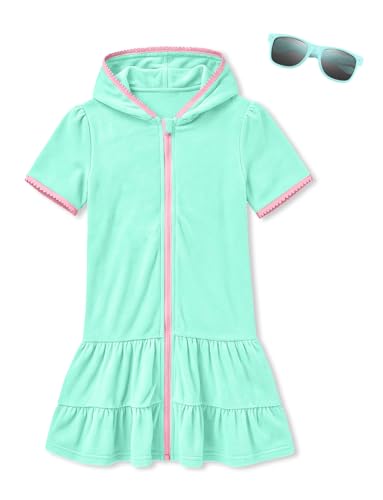 Image of BesserBay Girls Summer Beach Quick Dry Cover Up Ruffle Hem Terry Smocked Hooded 4-14 Years with Pockets