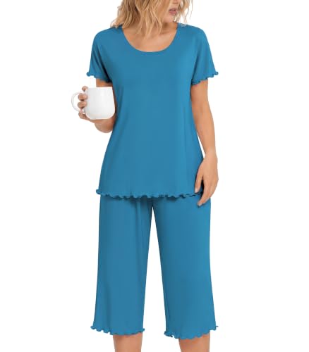 Image of NACHILA Women's Bamboo Viscose Capri Pajamas Set Cooling Short Sleeve Pjs | Ultra-Soft & Breathable,Moisture-Wicking Sleepwear,Cools Night Sweats & Hot Sleepers,OEKO-TEX Certified