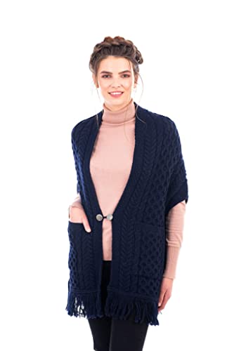 Image of SAOL 100% Merino Wool Shawl /Poncho Sweater /Open Cardigan /Wool Cape with Pockets with Fringe Trim and Trinity Knot Button