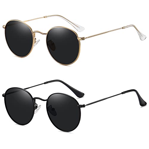 Meetsun Small Round Polarized Sunglasses For Women Men Classic Retro Metal Frame Sun Glasses Uv Protection 2 Pack Gold Frame/Grey Lens + All Black #TOP1