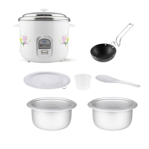Image of easy Electric Rice Cooker (2.8L) with Tadka Pan & 2 Stainless Steel Pots - 1000W Automatic Cook, Steam & Warm - Floral Design - Ideal for Rice, Biryani, Dal Tempering & Steaming