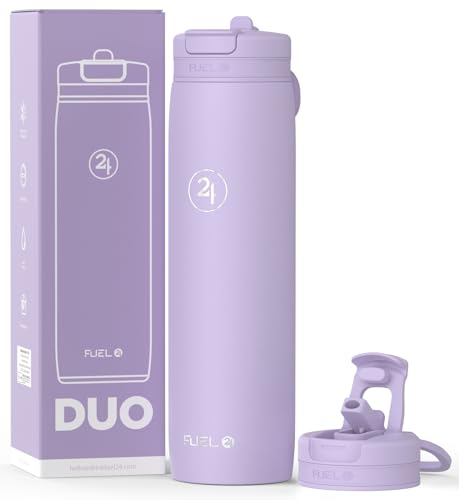 Fuel24 Duo - Stainless Steel Water Bottle 700ml or 1L - Vacuum Insulated Metal Flask with Straw (Dual use Lid) 1 Litre - for Sports Gym Work Slim Design (Lavender 700 ml)