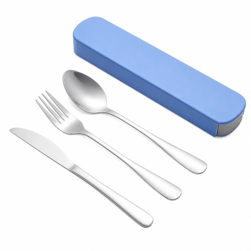 Set de Couverts Lunch Box en Inox - Kit 3 Pièces avec Boîte de Rangement Bleue - Couvert de Voyage Portable pour Travail, Camping et Pique-Nique