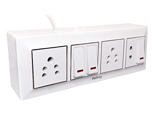 Image of Palfrey Extension Board - Two 6A Socket and One Two Pin Socket & Three 6A Switch with Indicator | 6A 3 Pin Plug with Indicator | 1.0 sqmm 3 core Cable | White Color | 10 Meter